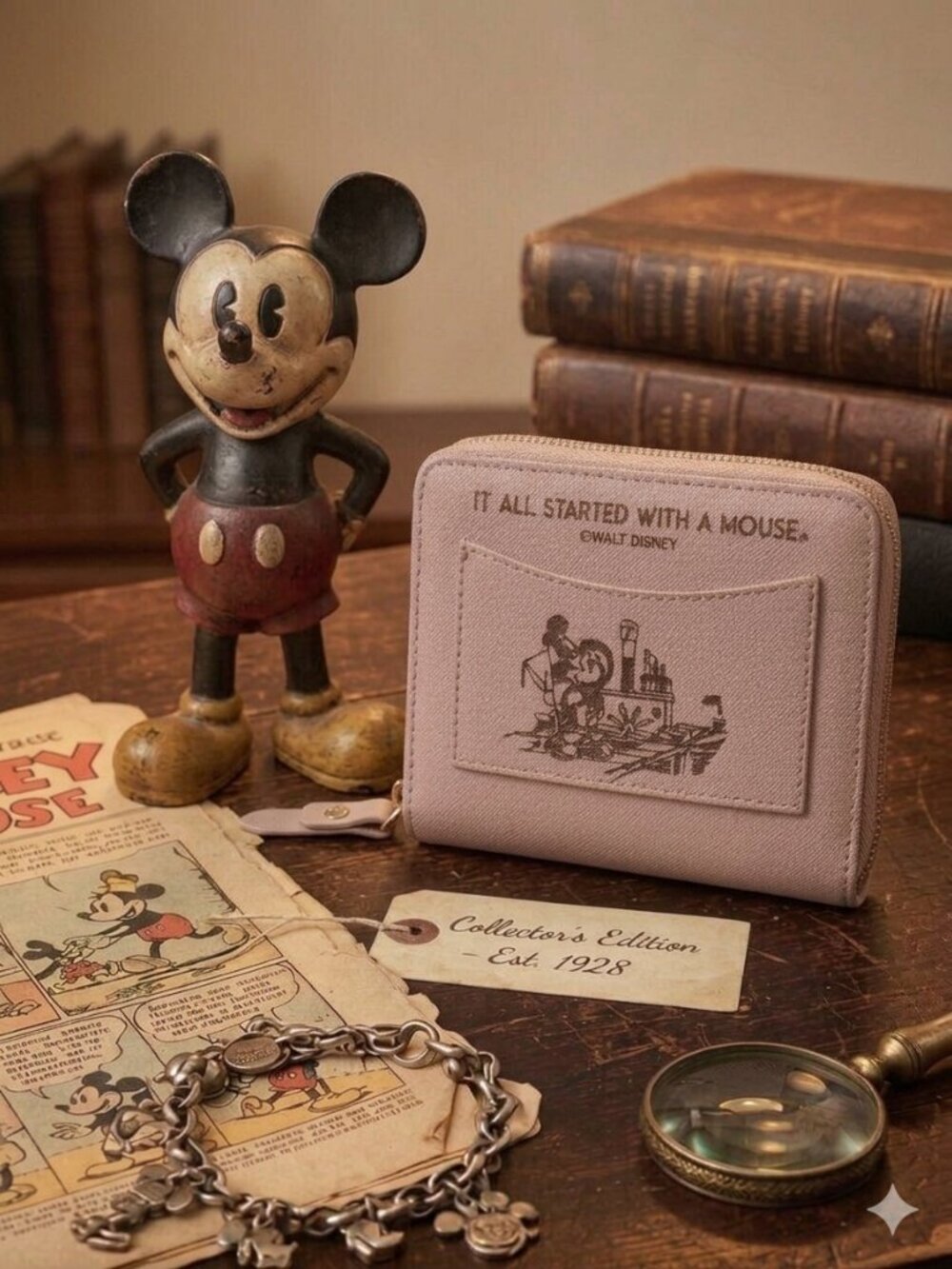 KATE SPADE x DISNEY Mickey Mouse Steamboat Willie Compact Zip Wallet - Taupe